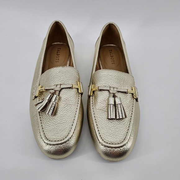 Talbots Shoes - Talbots Driving Loafers Womens 8.5M Gold Metallic Leather Tassel Bit Slip On